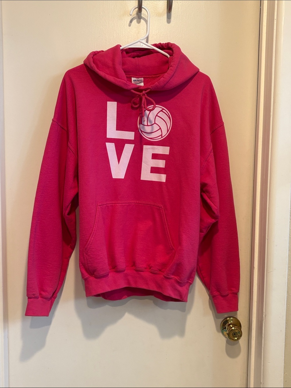 Gildan size Large dark pink  “Love” volleyball hoodie - like new